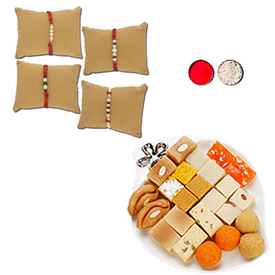 "Glimmering Pearl Rakhi Combo - JPRAK-23-09,  500gms of Assorted Sweets - Click here to View more details about this Product